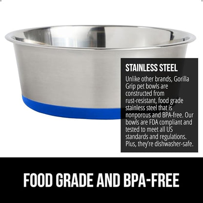 GORILLA GRIP Set of 2 Dog Bowls, Heavy Duty Metal Food and Water Bowl for Feeding Dogs and Cats, Dishwasher Safe, Rust Resistant Stainless Steel, BPA Free Rubber Base, Holds 1 Cup (8 fl oz), Blue
