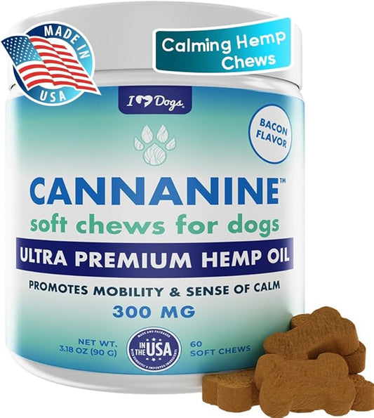 iHeartDogs Hemp Calming & Mobility Chews for Dogs - Dog Anxiety Relief Bites with Hemp - Bacon Flavored Dog Calming Treats for Anxiety, Stress, & Joint Movement