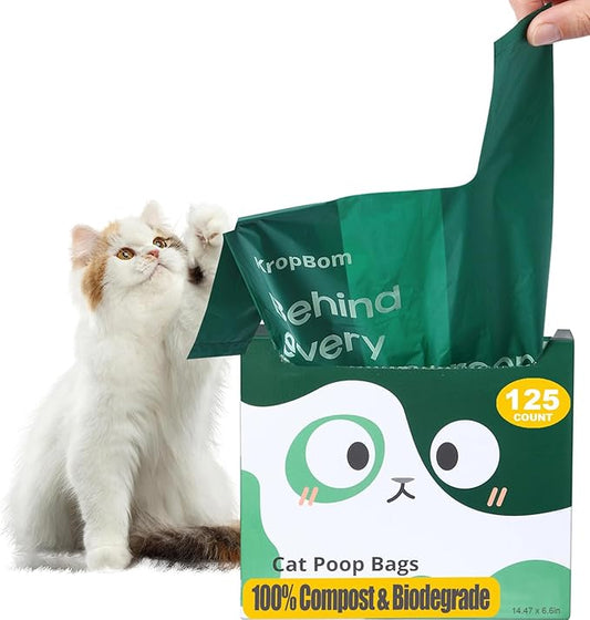 125 Count Cat Poop Bags with Handle, 100% Compostable & Biodegradable for Kitty Dog Pet Waste, Cornstarch-Based Disposable Litter Trash Bag, Extra-Thick, Leak Proof, Easy to Tie, Unscented