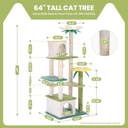 HYABi 64-Inch Cute Avocado Flower Large Tall Garden Cat Tree Tower Condo House Furniture Bed Plush Ball Activity Platform Multi-Level with Scratching Posts for Indoor Cats Play