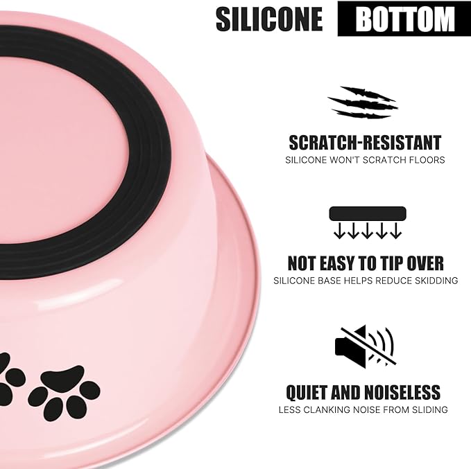 Stainless Steel Dog Bowls, Nonslip Rubber Bottom No Spill Proof Skid Metal Insulated Dog Bowls for Large Medium Small Breed Dogs (Pink, 3.6 Cups/29 OZ)