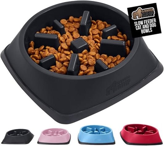 GORILLA GRIP Patent Pending Slow Feeder Dog Bowls, Interactive Puzzle Toy for Dogs and Cats Food Training, Keeps Pets Busy and Prevents Puppy Overeating, All Breeds, 100% BPA Free, 2 Cup, Black