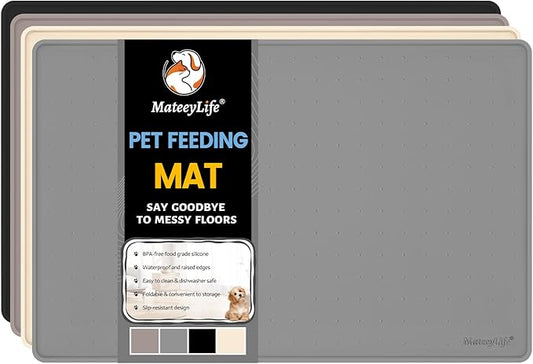 MateeyLife Dog & Cat Food Mat for Floors Waterproof, Nonslip Bowl Mats for Food and Water, Dog Feeding Mats with Raised Edges, Silicone Dog Water Matt Tray for Messy Drinkers, 18"x12", Grey