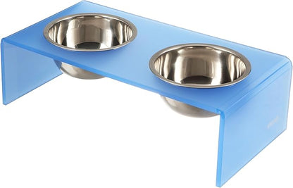 THE LICKER STORE DBL2000C Keaton 5" Small/Medium Modern Acrylic Rectangular Elevated Pet Feeder with 20oz 2-Stainless Steel Bowls, Blue/Chrome