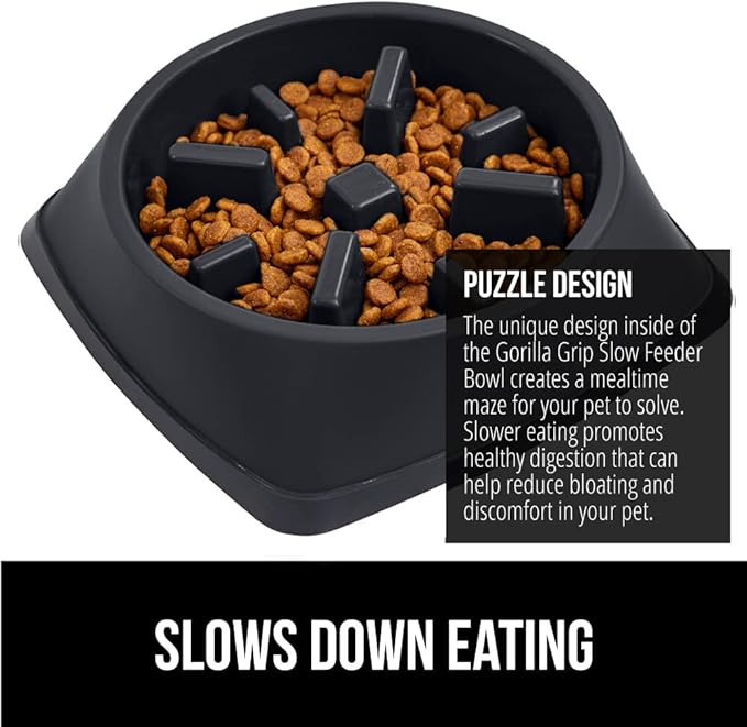 GORILLA GRIP Patent Pending Slow Feeder Dog Bowls, Interactive Puzzle Toy for Dogs and Cats Food Training, Keeps Pets Busy and Prevents Puppy Overeating, All Breeds, 100% BPA Free, 2 Cup, Black