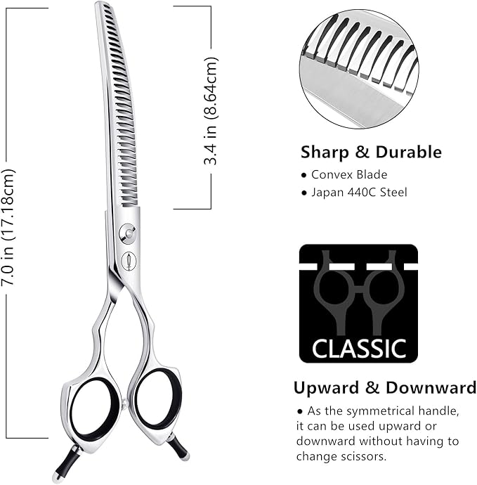HASHIMOTO Curved Chunkers Shears Dog Grooming,Cat Curved Scissors,33 teeth,7.0 Inch,65% Thinning Rate,Light Weight. Special Designed for Pet Groomers or Family DIY Use.