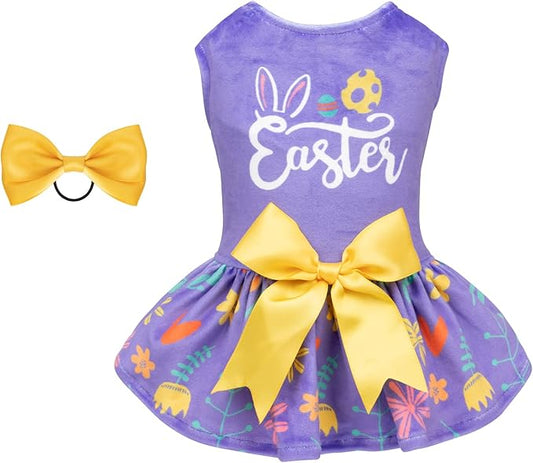 CuteBone Easter Dog Dress Velvet for Small Dogs Girl Flower Skirt Puppy Dresses Purple Dog Clothes CVA16XS-D