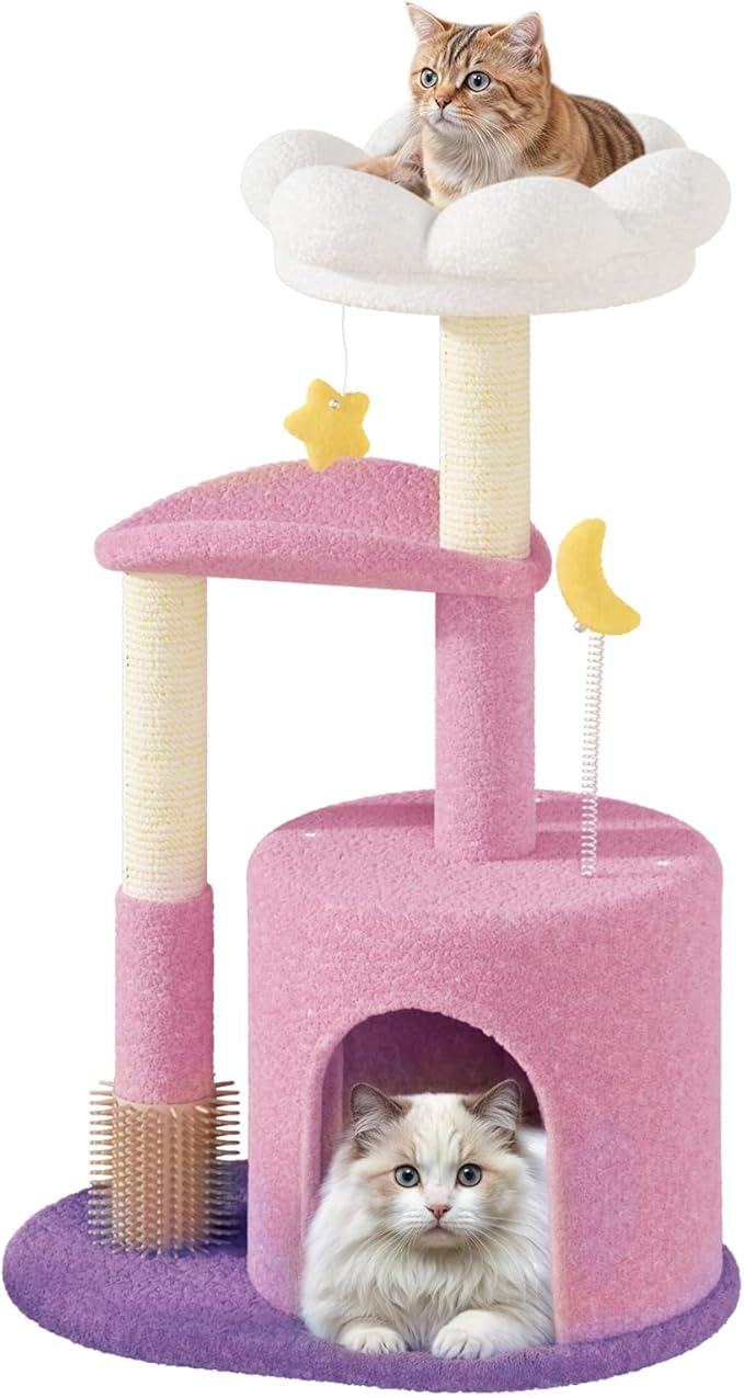 Athena Collection Small Cat Tree Condo with Sisal Scratching Post, 33 Inch Modern Cute Flower Cat Tree Tower with Cozy Perch Toy Ball for Indoor, Kittens, Purple