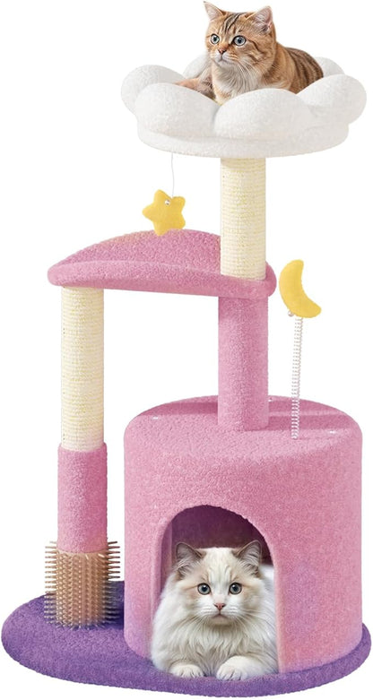Athena Collection Small Cat Tree Condo with Sisal Scratching Post, 33 Inch Modern Cute Flower Cat Tree Tower with Cozy Perch Toy Ball for Indoor, Kittens, Purple