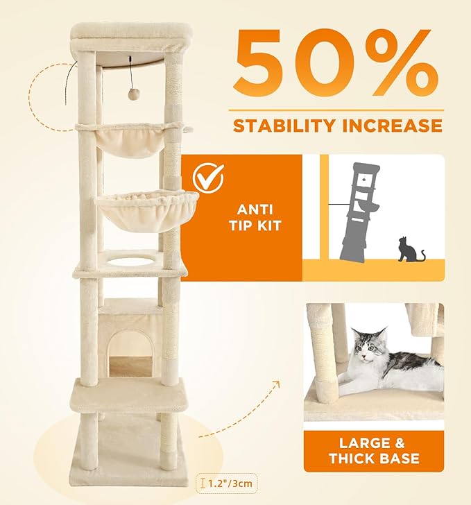 Made4Pets Tall Cat Tree, 71 Inches Cat Tree Tower for Indoor Cats Large Adult, Plush Multi-Level Cat Tower with 5 Scratching Posts, 2 Hammock, Condo and Perch, Big Cat House Indoor, Beige