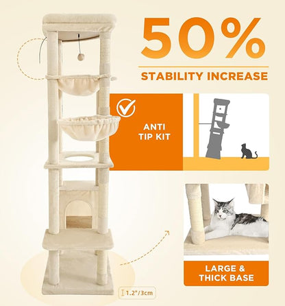 Made4Pets Tall Cat Tree, 71 Inches Cat Tree Tower for Indoor Cats Large Adult, Plush Multi-Level Cat Tower with 5 Scratching Posts, 2 Hammock, Condo and Perch, Big Cat House Indoor, Beige