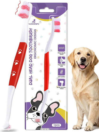 Dog Toothbrush – Newly Upgraded Dual-Head Design with 60° Wavy Bristles – Gently Surrounds Teeth for Deep Cleaning and Plaque Removal – Non-Slip Handle, Ideal for Daily Pet Dental Care (Red, 1-Pack)