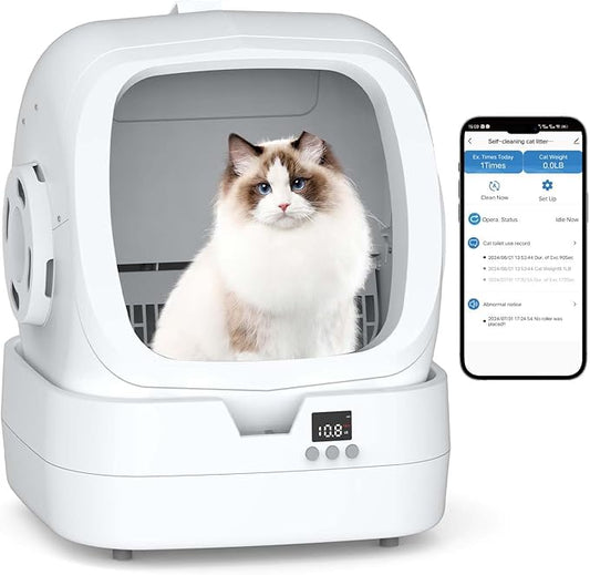 Automatic Cat Litter Box Self Cleaning - APP Control and Weight Monitoring - Ultra-Quiet, Suitable for Medium Cats and Kittens, Safe Anti-Pinch Litter Box (Assembly Required) -White