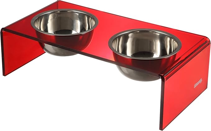 THE LICKER STORE DBL2000H Keaton 5" Small/Medium Modern Acrylic Rectangular Elevated Pet Feeder with 20oz 2-Stainless Steel Bowls, Red/Chrome