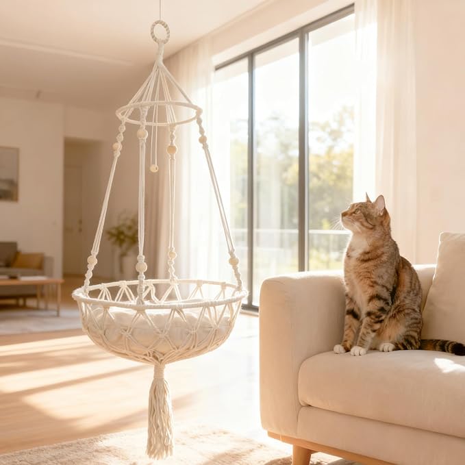 Cat Hammock Cat Window Perch, Bohemian-Style Hanging Basket Swing, Soft Pet Bed Cushion, Comfortable Window Kitty Bed, Perfect for Cats to Sunbathe, Take Naps, and Gaze Into the Distance 30*90CM