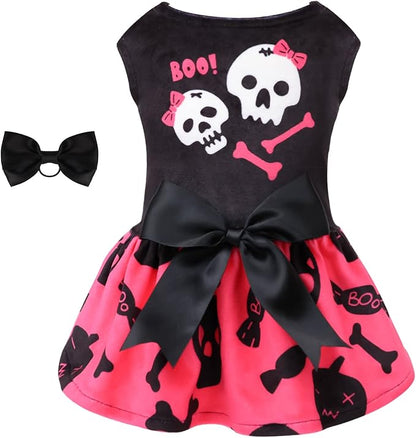 CuteBone Halloween Skulls Dog Dress Velvet for Small Dogs Girl Puppy Dresses Pink Dog Clothes CVA02S-D