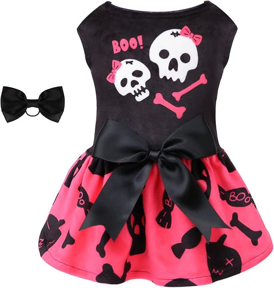 CuteBone Halloween Skulls Dog Dress Velvet for Small Dogs Girl Puppy Dresses Pink Dog Clothes CVA02S-D