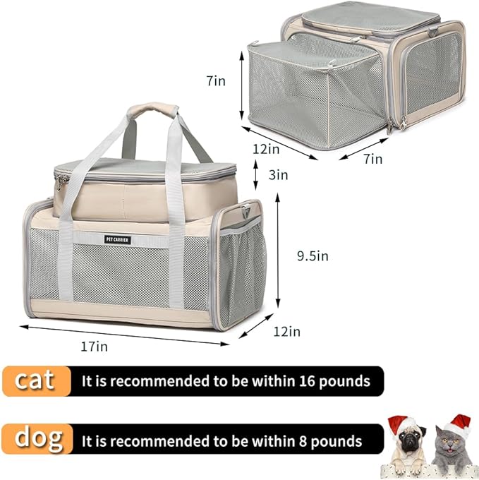Airline Approved Pet Carrier for Cats and Small Dogs up to 15 lbs, Breathable Mesh, Portable Travel Bag for Bearded Dragon, Puppies Animal Hangbag, Rabbit Cage (Khaki, Expandable)
