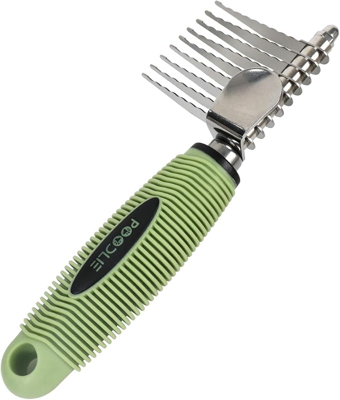 Poodle Dematting Fur Rake Comb Brush for Dogs and Cats - Long 2.5" Steel Safety Blades Metal Comb for Detangling Matted or Knotted Undercoat Hair (Green)