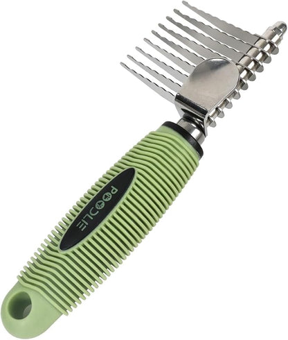 Poodle Dematting Fur Rake Comb Brush for Dogs and Cats - Long 2.5" Steel Safety Blades Metal Comb for Detangling Matted or Knotted Undercoat Hair (Green)