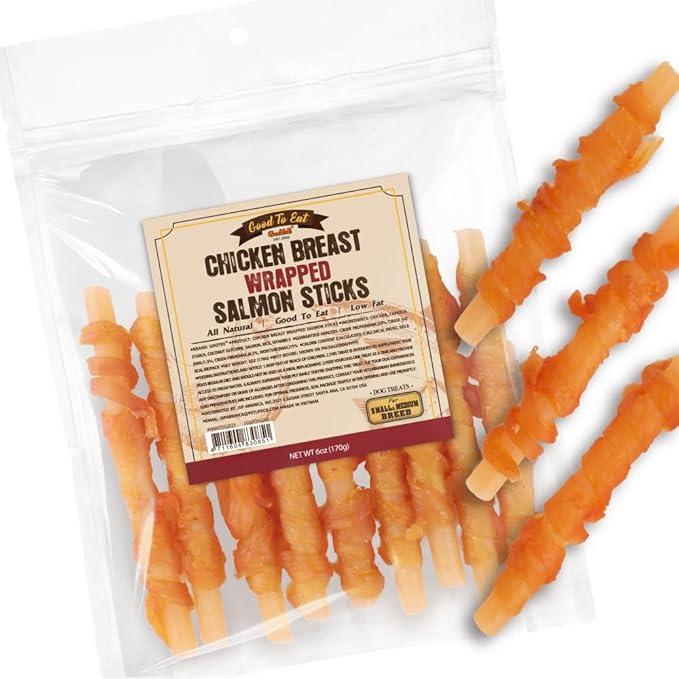 Gootoe Chicken Breast Wrapped Salmon Sticks 6oz, All Natural, Grain-Free, Low Fat, Premium Training Chews, Healthy & Easily Digestible