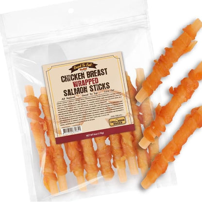 Gootoe Chicken Breast Wrapped Salmon Sticks 6oz, All Natural, Grain-Free, Low Fat, Premium Training Chews, Healthy & Easily Digestible