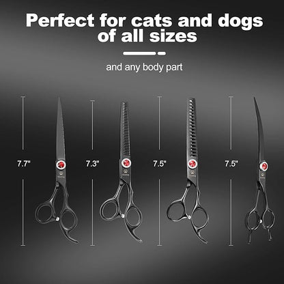 GLADOG 7 Inch Professional Dog Grooming Scissors Kit, Titanium Dog Scissors for Grooming, Heavy-Duty Dog Shears for Grooming, 6-in-1 Pet Grooming Scissors for Dogs (Pro Black)