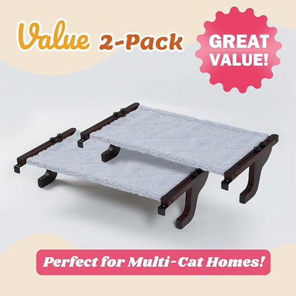 Zakkart 2PC Easy Seat Cat Perch for Window Sill - Hammock Design w/Pine Wood & Robust Metal Frame - Cat Window Seat for Large Cats and Kittens (Dark Stained Wood w/Gray Bed, Medium (23''W x 14''D))