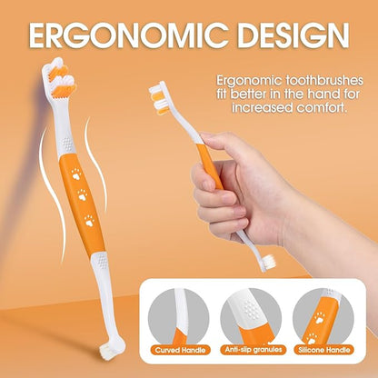 Dog Toothbrush – Newly Upgraded Dual-Head Design with 60° Wavy Bristles–Gently Surrounds Teeth for Deep Cleaning and Plaque Removal – Non-Slip Handle, Ideal for Daily Pet Dental Care (Orange, 6-Pack)