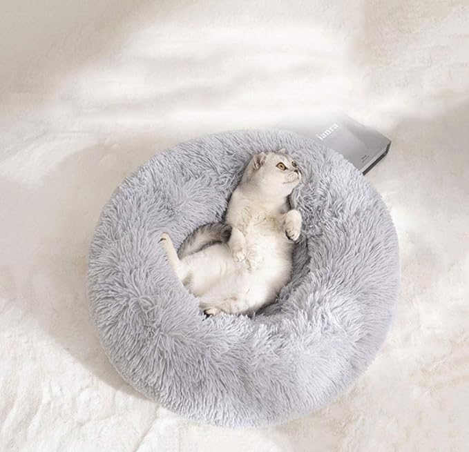 BODISEINT Modern Soft Plush Round Pet Bed for Cats or Small Dogs, Mini Medium Sized Dog Cat Bed Self Warming Autumn Winter Indoor Snooze Sleeping Cozy Kitty Teddy Kennel (20'' D x 8'' H, Light Grey)