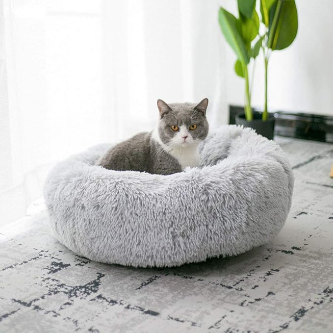 BODISEINT Modern Soft Plush Round Pet Bed for Cats or Small Dogs, Mini Medium Sized Dog Cat Bed Self Warming Autumn Winter Indoor Snooze Sleeping Cozy Kitty Teddy Kennel (20'' D x 8'' H, Light Grey)