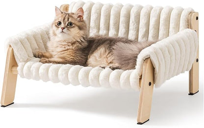 MEWOOFUN Cat Couch Bed, Pet Sofa for Indoor Cats Wooden Indoor Elevated Cat Beds with Removable Mattress Cover Suitable for Kitty, Puppy or Small Animal (Cream, Medium)