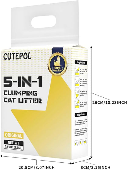 Mixed 5-in-1 Clumping Cat Litter 31.6 lb, Odor Control and Rapid Clumping, Water Absorbent and Flushable, Dust-Free, Multi-Cat, Bentonite Tofu Cat Litter, Original, 7.9lb/Bag