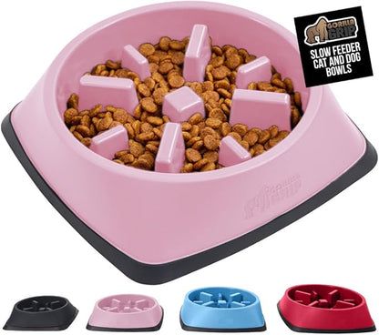 GORILLA GRIP Patent Pending Slow Feeder Dog Bowls, Interactive Puzzle Toy for Dogs and Cats Food Training, Keeps Pets Busy and Prevents Puppy Overeating, All Breeds, 100% BPA Free, 2 Cup, Pink