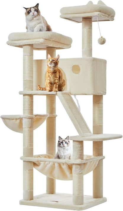 Taoqimiao Cat Tree 57.5-Inch, Cat Tower for Indoor Cats Large Adult, Extra Large Cat Condo, 8 Sisal Scratching Posts, Metal Frame Cozy Hammock, Durable Scratch Board, 2 Top Perches, Beige MS026M