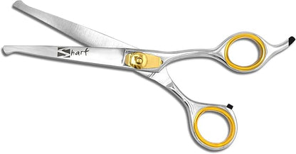 Sharf Dog Grooming Scissors, Gold Touch 6.5 Inch Curved Sharp Professional Pet Grooming Shear with Safety Round Tip, Ball Point for Safe and Easy Use Even for Nose, Ear and Face