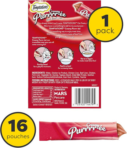 Temptations Creamy Puree Squeezable Lickable Wet Cat Treats with Beef Liver, 0.42 oz. Tubes, 16 Count