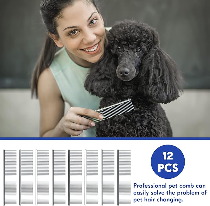 Lallisa 12 Pcs Stainless Steel Dog & Cat Comb, Metal Grooming Tool for Removing Knots, Long and Short Haired Pets Including Dogs, Cats & Others, 7.48 Inch