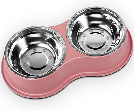 Dog Bowls Large Double Dog Water and Food Bowls Stainless Steel Bowls with Non-Slip Resin Station, Pet Feeder Bowls Food Dish for Small Medium Large Dogs Cats