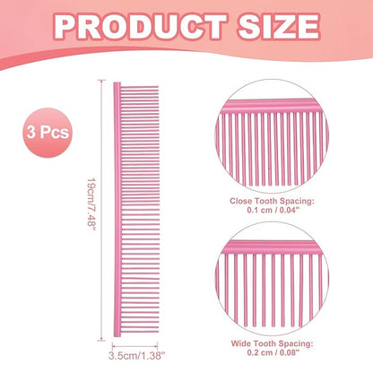 Dog Cat Comb, Pet Combs Stainless Steel Teeth with Rounded Ends for Knots Mats Loose Hair Removal, 7.5IN (Pink Coated, 3 Pack), Grooming Tool Intended for Long Curly Hair Pet