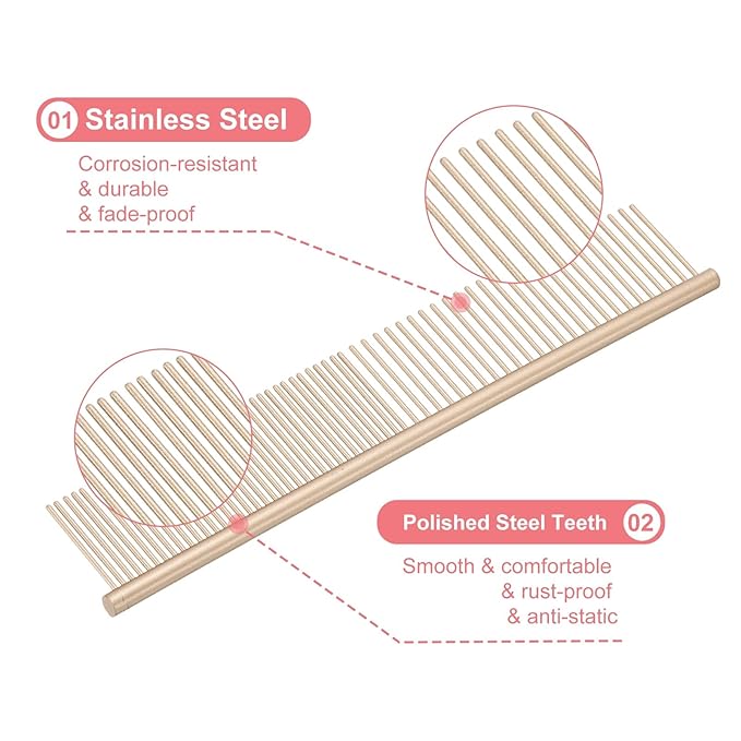 Dog Cat Comb, Pet Combs Stainless Steel Teeth with Rounded Ends for Knots Mats Loose Hair Removal, 6.5/7.5IN (Gold Coated, 2 Pack), Grooming Tool Intended for Long Curly Hair Pet