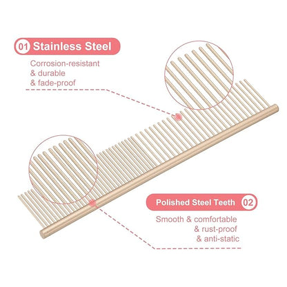 Dog Cat Comb, Pet Combs Stainless Steel Teeth with Rounded Ends for Knots Mats Loose Hair Removal, 6.5/7.5IN (Gold Coated, 2 Pack), Grooming Tool Intended for Long Curly Hair Pet