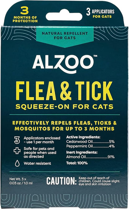 ALZOO Natural Flea & Tick Squeeze-On for Cats, Helps Repel Fleas, Ticks & Mosquitos, Up to 3-Months Protection, Plant-Based Active Ingredients, Water-Resistant, 3 EZ-On Applicators Per Pack