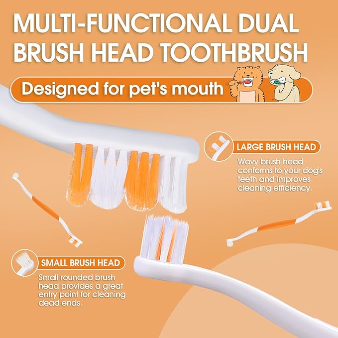Dog Toothbrush – Newly Upgraded Dual-Head Design with 60° Wavy Bristles–Gently Surrounds Teeth for Deep Cleaning and Plaque Removal – Non-Slip Handle, Ideal for Daily Pet Dental Care (Orange, 2-Pack)