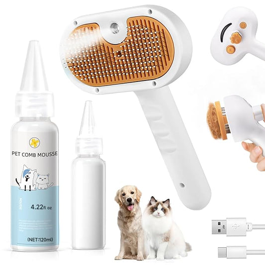 Pet Steam Brush for Dog & Cat - 3-in-1 Pet comb leave-in serum for Shedding & Hair Removal - Self Cleaning Spray Comb with Mist for Long Haired Pets - Includes 1*Waterless Shampoo, Yellow