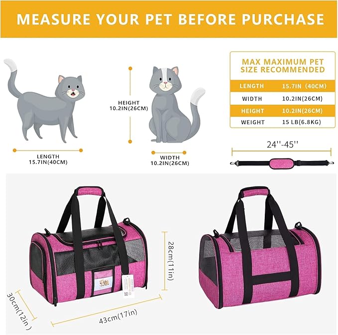 Cat Carrier Pet Carrier Airline Approved for Small Dogs Medium Cats Puppies 15 Lbs Dog Carrier with Reflective Strip, Collapsible Soft Sided Cat Travel Carriers - Rose Red