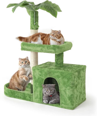 Athena Collection Small Cat Tree Tower with Scratching Post, 32 Inch Modern Cute Cat Tree Condo with Cozy Perch Haing Ball Green Leaves for Kittens Indoor Playing, Green