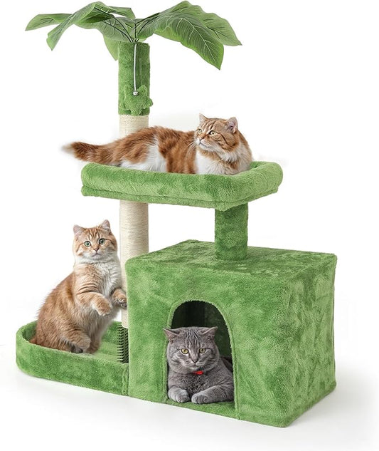 Athena Collection Small Cat Tree Tower with Scratching Post, 32 Inch Modern Cute Cat Tree Condo with Cozy Perch Haing Ball Green Leaves for Kittens Indoor Playing, Green