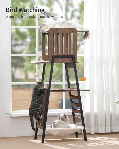 FourFurPets Modern Cat Tree, 58-Inch Cat Tower for Large Cats, Maine Coon Cat Tree with Scratching Board, Large Perch, Hammock and Removable Pads, Greige
