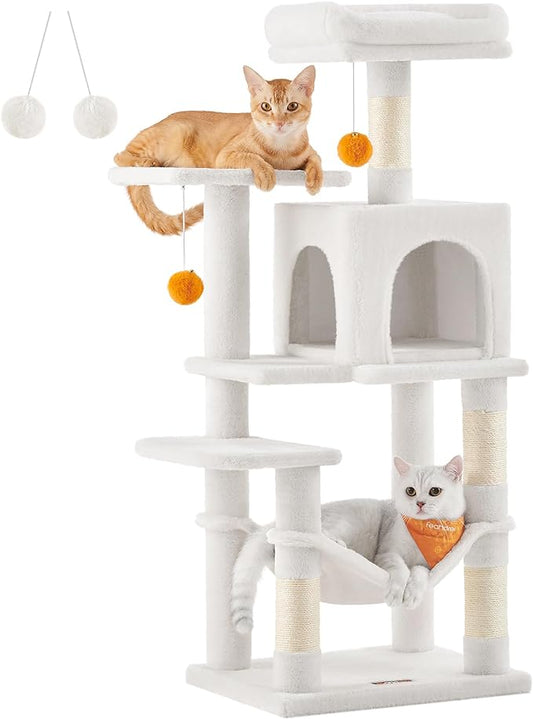 Feandrea Cat Tree, 44.1-Inch Cat Tower for Indoor Cats, Multi-Level Cat Condo with 4 Scratching Posts, 2 Perches, Hammock, Cave, Cream White UPCT261T01